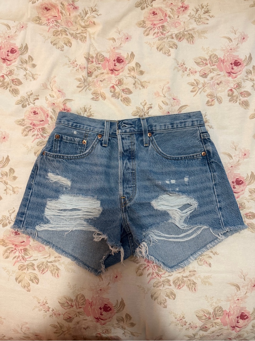 Levi's Light Blue Distressed High-Rise Denim Shorts